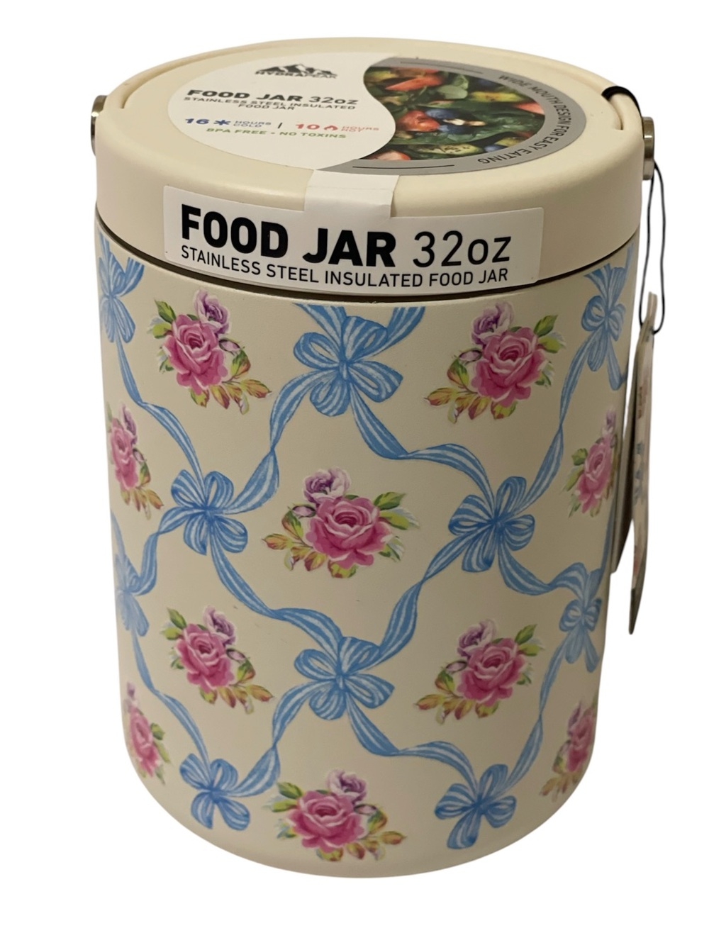 Hydrapeak Stainless Steel Insulated Food Jar Pink Roses & Blue Bows 32 oz- NWT